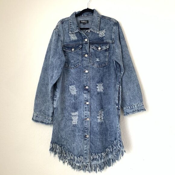 Thrill Jeans Shirt Dress Women 2X Blue Acid Wash Denim Thrashed Destroyed Grunge - Picture 1 of 11